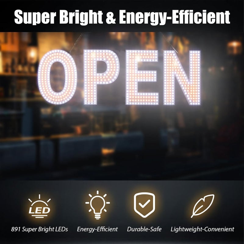 Thirdpolite علامة مفتوحة للأعمال، 30"x10" علامات LED كبيرة قابلة للتعتيم مع تركيب معلق للمقاهي والمتاجر والمطاعم والمكاتب والحانات والبارات والفنادق وصالونات التجميل باللون الأبيض الدافئ - Image 4